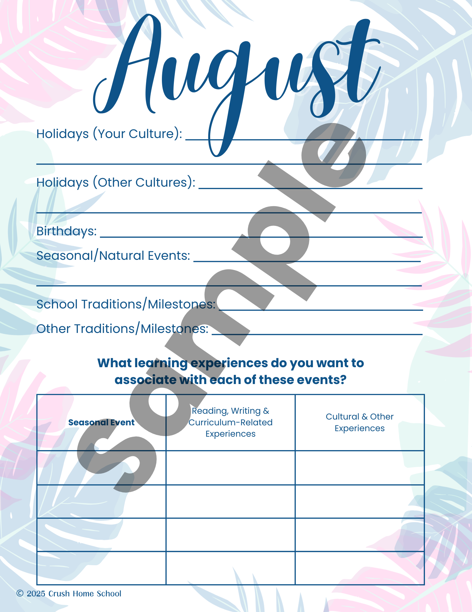 Sample 1 of Crush Home School's Monthly Seasonal Planning Guides