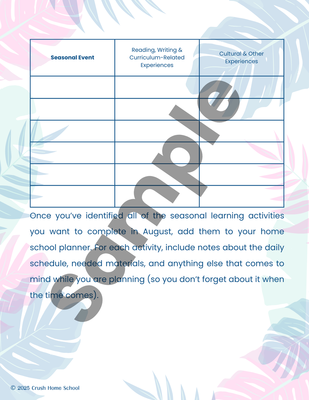 Sample 2 of Crush Home School's Monthly Seasonal Planning Guides